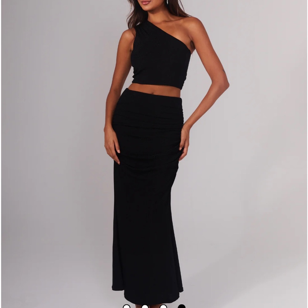NWT Klassy Network Black One-Shoulder Cropped Top and Maxi Skirt Set